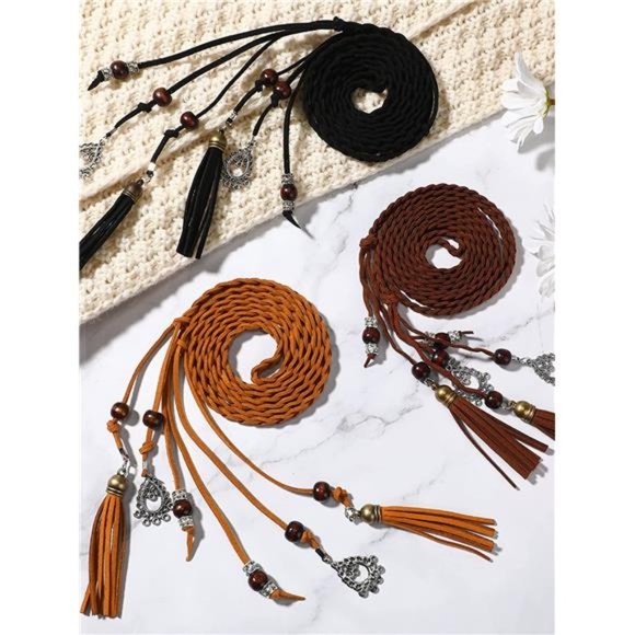 Vicenpal 3 Pieces Exotic Belt Skinny Western Belts for Women Tassel Waist Belt main image 7